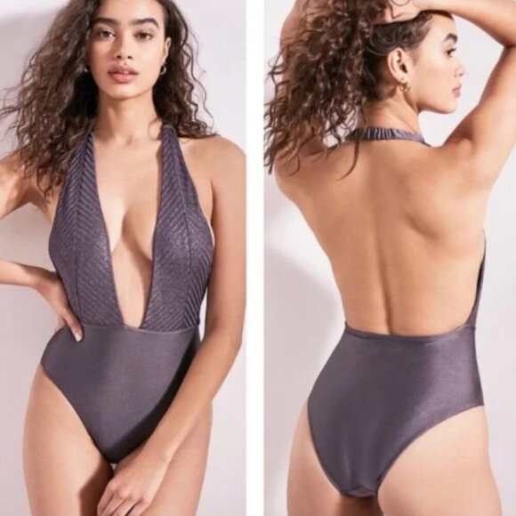 NWT URBAN OUTFITTERS | Out From Under Glitter Plunge Halter Bodysuit | Sz. M - Picture 1 of 9